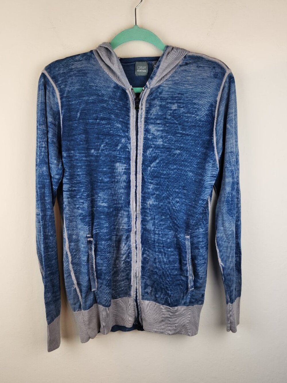 GRAY by Saks Fifth Avenue 100% Wool Acid Wash Zip Hoodie Sweater sz M